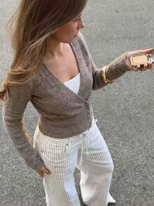 Women's Autumn/Winter New Fashion Pure Desire Slim Fit Minimalist Vintage Knit Button Cardigan Basic Tops, Back To School, Y2K, Tops For Going Out, Casual, Saudi National Day, Chic, Country, Yellow, Women Winter, Off The Shoulder - Brown - View 5