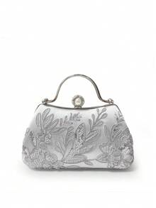 Dedoo 晚宴手拿包/手提包，花卉刺繡，緞面配亮片與珠飾，珍珠扣，女款婚禮與派對包 - 銀色 - 查看 4