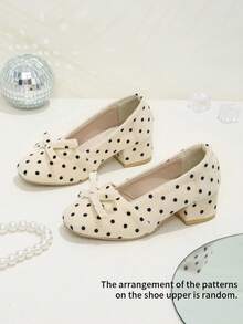 Girls' Gentle & Playful Black Polka Dot Bow Apricot High Heel Pumps, Square Toe Shallow Cut Design, Suitable For Birthday Parties, Spring/Autumn Outfits - Apricot - View 2