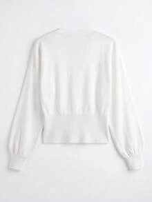 Just Masa Women's Fall Casual Button Up V Neck Sweater Pullover,Solid Color Bishop Sleeve Sexy Tight Hem Rib-Knit Top,For Date,Daily Wear,Going Out - White - View 4