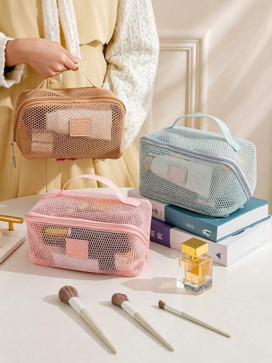 1pc Large Capacity Mesh Handheld Toiletry Bag, Minimalist Solid Color Travel Portable Cosmetic Organizer With Multiple Compartments