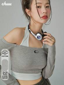 CHUU Sweet & Spicy Camisole 2 In 1 Long Sleeve T-Shirt Women's Autumn Off-Shoulder Crop Top Unique Design - Grey - View 1