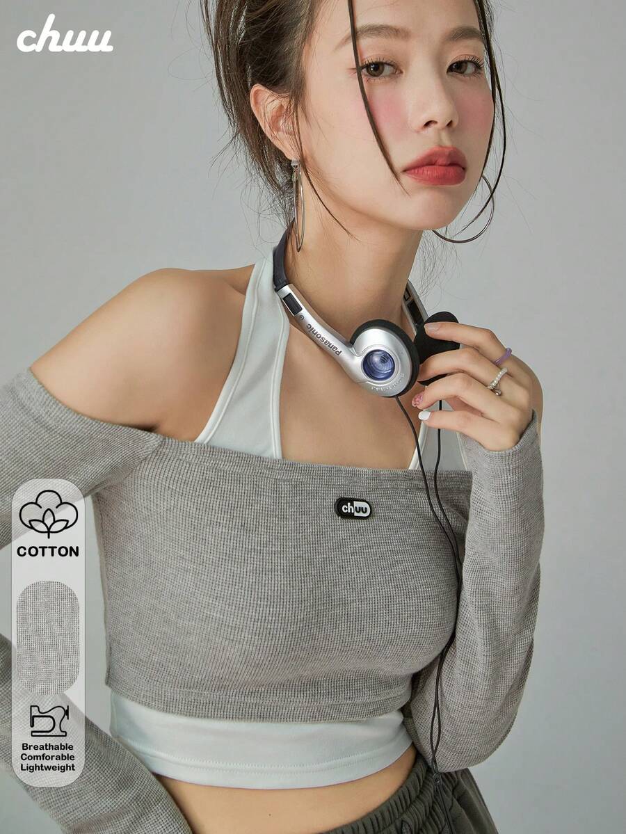 CHUU Sweet & Spicy Camisole 2 In 1 Long Sleeve T-Shirt Women's Autumn Off-Shoulder Crop Top Unique Design - Grey - View 1