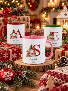 Personalized Initial And Name Christmas Mug, Customized Holiday Cup, Can Print Your Name And Text, Creative Christmas Gift, Suitable For Family, Couples And Friends Personalized Water Cup And Coffee Mug, Suitable For Home, Office And Party Use, Gift Choice - Multicolor - View 3
