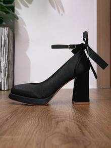 New Fashion Party Style Autumn Shoes Black Satin Ribbon Single Strap Bow Thick Sole Chunky Heel High Heels For Women - Black - View 6