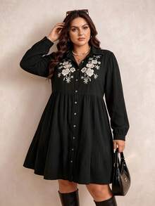 Rusttydustty Women's Plus Size Black Floral Embroidered Casual Daily Commute Dress - Black - View 7