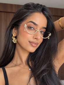 1pc Rhinestone Half-Frame Decorative Glasses Without Lenses, Crystal Dangle Pendant Fashion Face Accessory, Women's Lensless Party Costume Glasses, Photo Shoot & Ball Accessory - Rhinestones - View 3