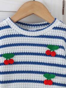 2pcs Baby Girl Casual Mori Style Striped Knit 3D Cherry Top & Denim Jeans Set, Thin Spring/Autumn - Blue - View 6