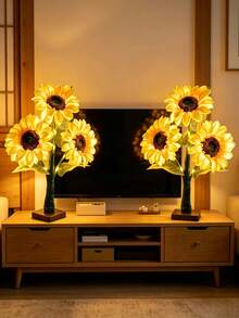 1PC 3 Sunflower Glowing Tree Lamp 45CM, Single Flower Head 15CM, USB & Battery Dual-Use Warm Light, Artificial Sunflower Table Lamp, Room Decor, Wedding Party Holiday Atmosphere Decorative Ornament - Warm White - View 13