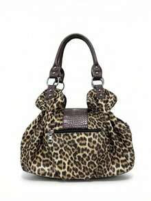 Women's Leopard Print Vegan Leather Hobo Bag, Y2K Western Buckle Decor Top Handle Shoulder Tote Bag - Brown - View 6