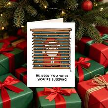 OBOVAY 1 Greeting Card + 1 Envelope Funny Christmas Greeting Card, Santa Peeking Through Blinds "He Sees You When You Are Sleeping", Perfect For Friends, Winter Holiday Minimalist Cartoon Style Greeting Card. - View 3