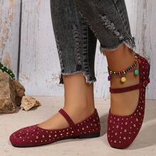 Women's Metal Rivet Decor Solid Color Square Toe Single Strap Flat Mary Jane Shoes, Retro Daily Spring/Summer Red Faux Leather Low Vamp Pumps - Burgundy - View 2