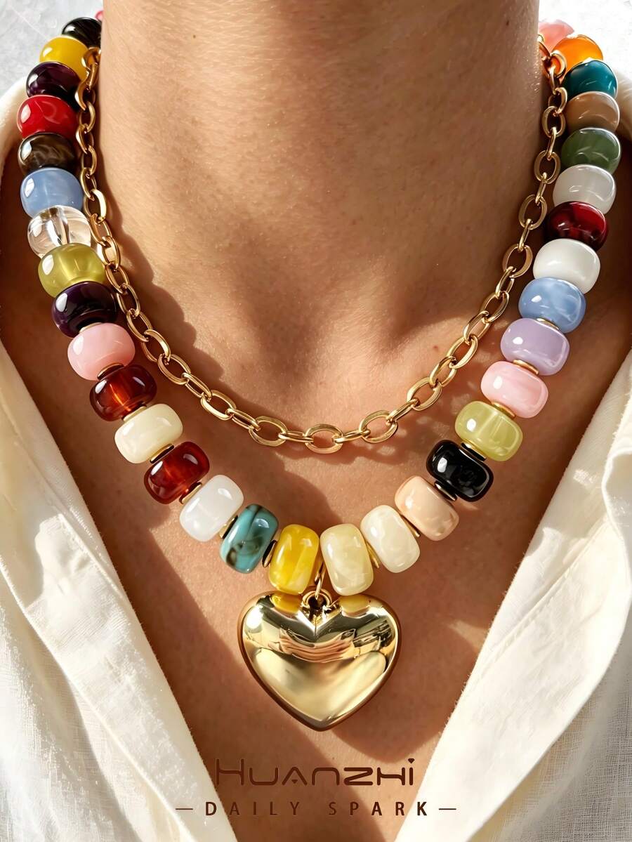 2pcs/Set Colorful Beaded Double Layer Necklace, Gold Chain Layered Necklace Set, Multi-Combination Necklace, Y2K Women's Jewelry, Colorful Beaded Gold Chain Double Layered Collarbone Necklace, Suitable For Daily Wear And Vacation - Multicolor - View 1