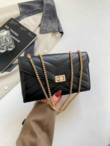 Hevel Fashion 純色菱格鏈條單肩包，多功能晚宴手拿包，輕量新款手提包，適合日常通勤斜背，適合上班族與學生，休閒手機零錢口紅斜挎包，黑色 - 黑色 - 查看 2