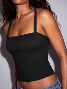 Summer Casual T-Shirt Solid Color Halter Sleeveless Tops Party Outfits Going Out Tops Women - Black - View 4