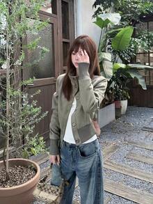 Women's American Style Stand Collar Suede Jacket, Spring/Autumn New Loose Design Slimming Short Jacket Top - Army Green - View 6