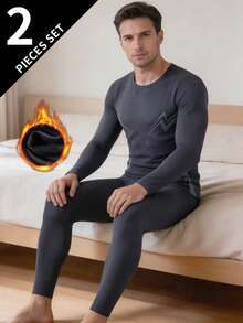 2pcs Men's Thermal Underwear Set, Crew Neck Top + Pants, Winter Base Layer Innerwear - Grey - View 2