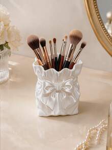 1pc Makeup Storage Cylinder, Satin Bow Vanity Storage Set, Makeup Brush Bag, Heart-Shaped Quilted Jewelry Box, High-Foot Ring Jewelry Tray, Exquisite Vanity Makeup Storage Supplies, Multiple Soft Macaron Colors Available (Suitable For Women And Girls), High-Value Desktop Decor, Women And Girls Gift, Suitable For Boutique Counter Display - Multicolor - View 4