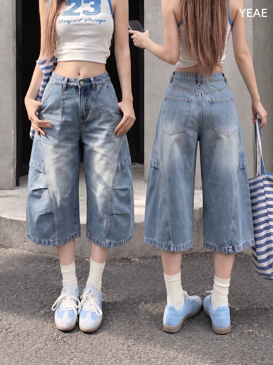 YEAE | Distressed Light Blue Straight Leg Denim Shorts, Casual Loose Fit Capri Pants, Street Style Summer Washed - Light Wash - View 1