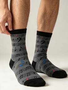 1/4 Pairs Men's Novelty Musical Note Pattern Crew Socks,Soft Breathable Funny Music Themed Dress Socks,For Daily Casual Wear & Holiday Presents - Multicolor - View 3