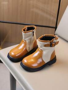 Kids Spliced Ankle Boots, Contrast Panel Side Zipper Buckle Detail Non Slip Sole Toddler Boys Girls Autumn Fashion Boots - Brown - View 2