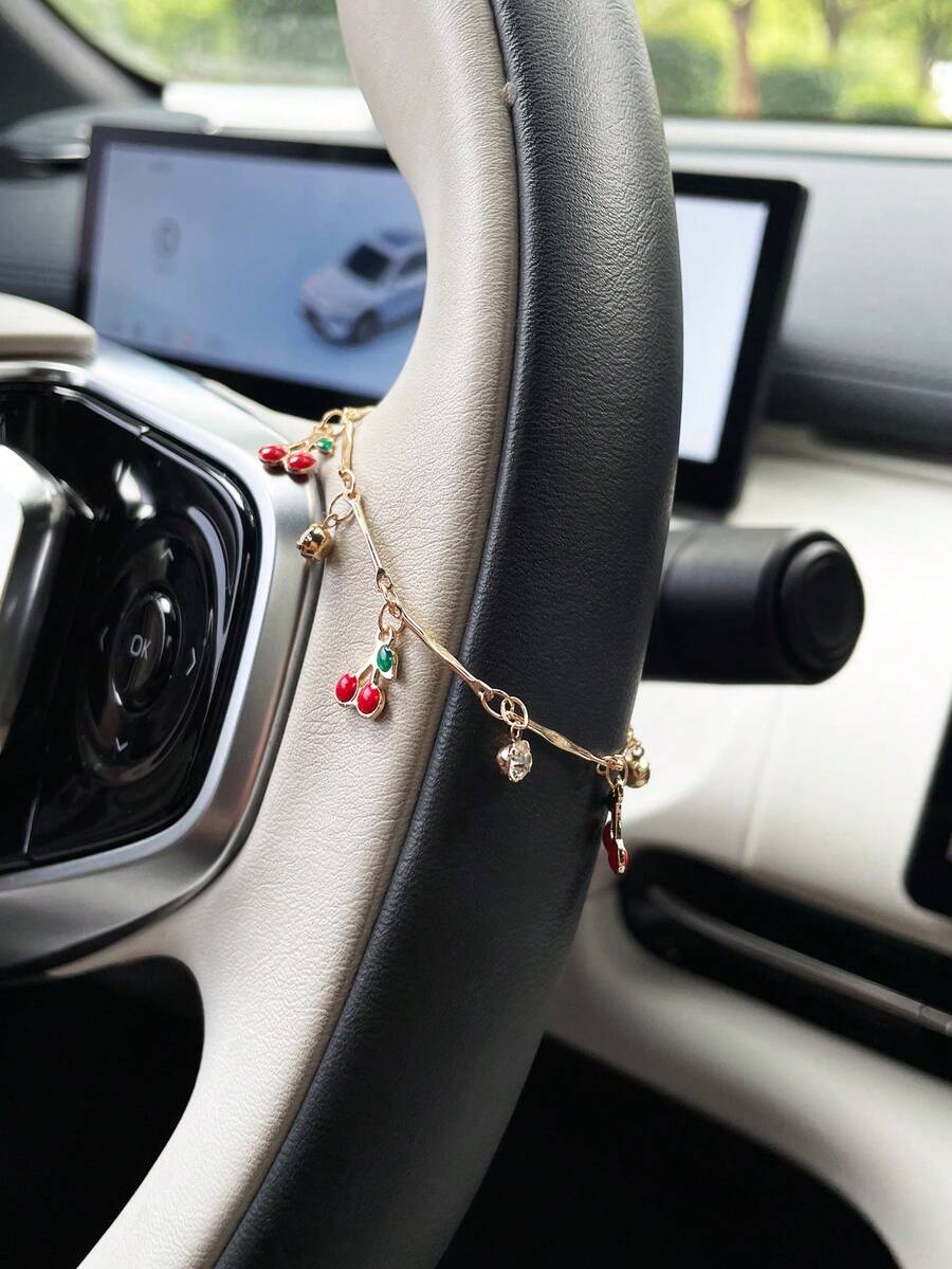 Tassel Heart Cherry Car Steering Wheel Pendant, Car Interior Steering Wheel Decoration Chain, Car Steering Wheel Interior Accessory, Car Hanging Ornament - A - View 1