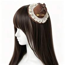 1pc Vintage Mini Fascinator Hair Clip, Brown Ruffle Lace Polka Dot Bow With Retro Key Decor, Small Party Hair Accessory For Cosplay And Tea Party - Multicolor - View 1