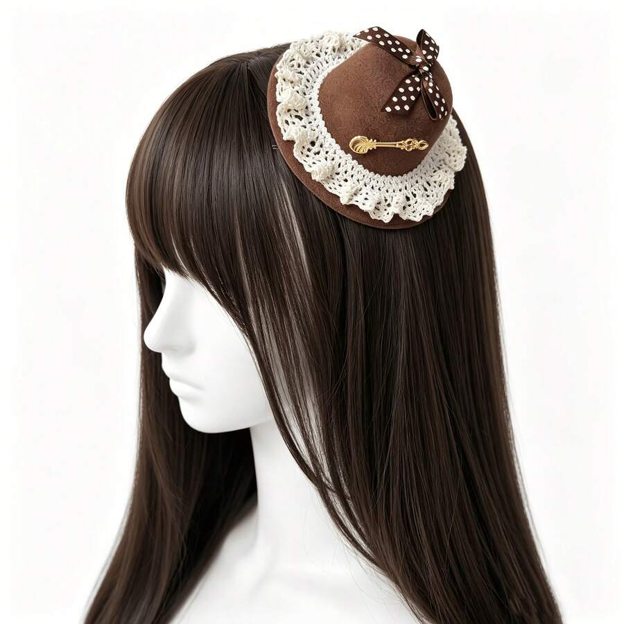 1pc Vintage Mini Fascinator Hair Clip, Brown Ruffle Lace Polka Dot Bow With Retro Key Decor, Small Party Hair Accessory For Cosplay And Tea Party - Multicolor - View 1