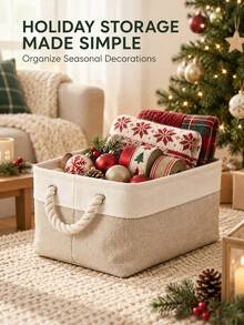 Modern Rectangular Foldable Fabric Storage Box With Contrast Color Panels, Reinforced Edges And Rope Handles, Stackable Organizer Bin For Clothes, Toys And Holiday Supplies, Suitable For Christmas Party, Living Room, Bedroom, Nursery And Winter Home Use - Multicolor - View 7