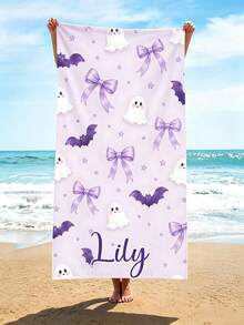 Custom Name Purple Ghost Bow Bat Beach Towel, Cute Halloween Ghost Bat Ribbon Design, Soft Quick-Dry Single-Sided Towel, Kids Halloween Birthday Gift - Multicolor - View 5