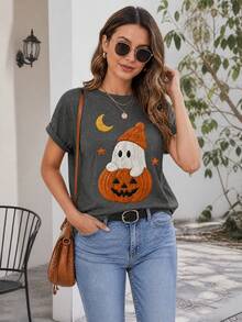 1 Pieza Para Mujer Estampado Gráfico De Fantasma Y Calabaza Cuello Redondo Manga Corta Cómoda Ligera Estilo Casual Divertido Playera Para Halloween Y Otoño - Gris oscuro - Ver 5