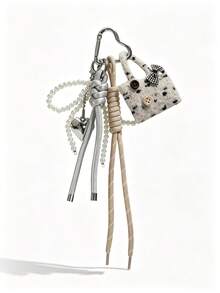 1pc Autumn/Winter Sweet & Cool Mini Bag Charm, Pearl Bow Woven Rope Heart Pendant, Bag Keychain - Multicolor - View 2