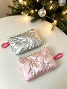 1PC Autumn/Winter Padded Wristlet Coin Purse, Cute Bow Knot Practical Handbag Makeup Bag, Fashionable Exquisite Coin & ID Storage Bag, Portable Toiletry Bag - Smooth Zipper, Halloween & Christmas Gift - Multicolor - View 5