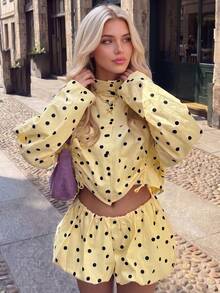 Women's Polka Dot 2 Pieces Set Shirt, Summer Vacation Outfit Yellow Elegant - Yellow - View 1