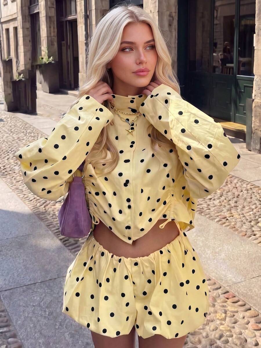 Women's Polka Dot 2 Pieces Set Shirt, Summer Vacation Outfit Yellow Elegant - Yellow - View 1