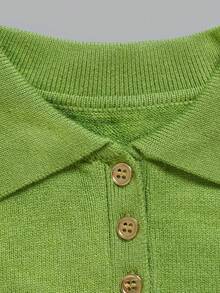 Aflion Women Fall Green Polo Knit Sweater, Collar Half Button Long Sleeve Loose Pullover Tops For Daily Campus Casual Outfits - Green - View 4