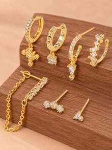 7pcs Chic Elegant Earring Sets Earrings Stack Stack Silvery Golden Zirconia Star Cross Drop Cuff Hoop Party Jewelry Daily Wear - Earring Set - View 5