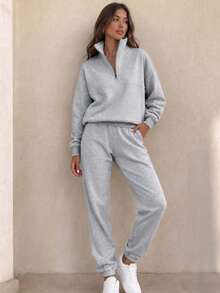 SUNSTORY Women's Autumn Light Gray Half-Zip Stand Collar Drop Shoulder Sweatshirt + Elastic Waist Cuffed Sweatpants Casual Sports Two Pieces Set - Grey - View 2