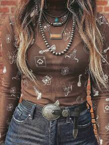 Acelitt Spring/Autumn Western Print Sheer Mesh Long Sleeve Stand Collar Slim Fit Casual Top, Layering Shirt, Suitable For Daily Wear - Brown - View 2