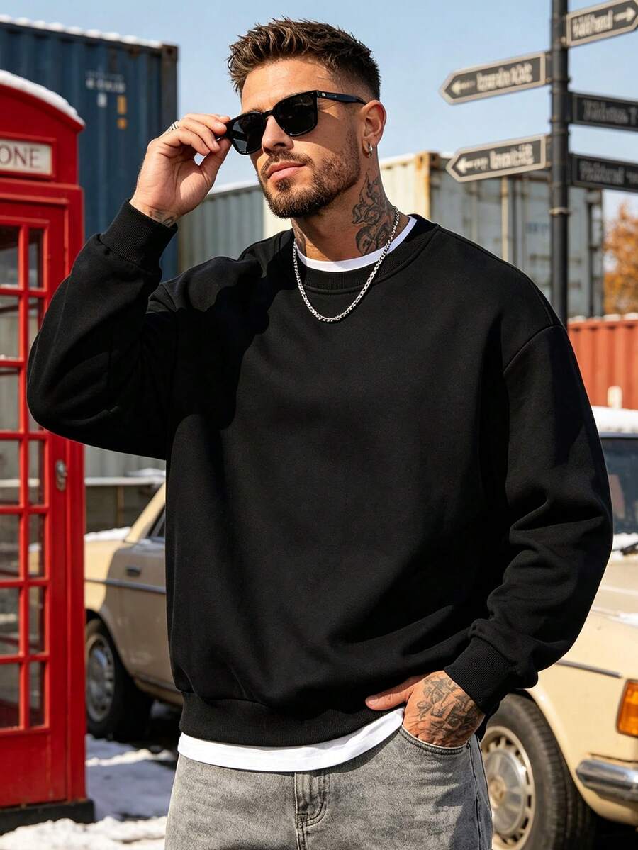 Men's Printed Crew Neck Sweatshirt, Versatile Casual Top, Suitable For Outdoor, Street, Camping Layering, Essential Sports Style - Black - View 1