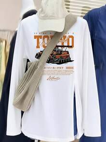 Street Style TOKYO Racing Print Side Slit Long Sleeve T-Shirt Women Loose Mid-Length Round Neck Casual Autumn Top - White - View 4