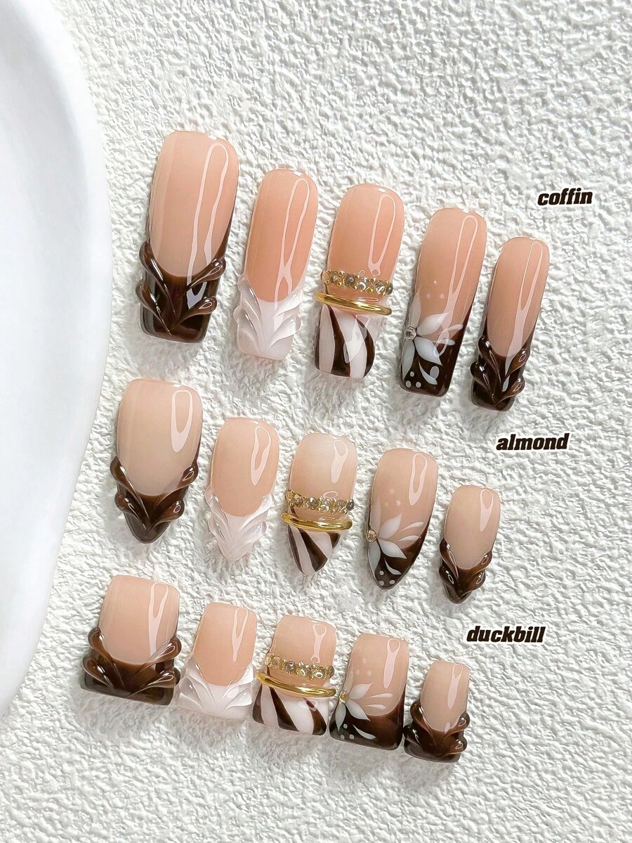 10片裝秋季復古低調色系手工穿戴甲,Polygel美甲套組,水鑽棕色指甲油,復古甜美優雅風,3種尺寸可選,杏仁/鴨嘴/棺材形,適合派對、跳舞、日常佩戴(手工細節可能有所不同) - 彩色 - 查看 1