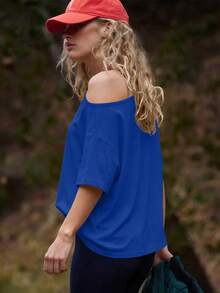 Speed mate Women's Baby Blue Casual Semi-Sheer Asymmetrical Hem Solid Color T-Shirt, Drop Shoulder Sleeve Sports Top - Blue - View 3