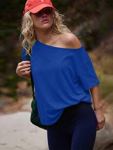 Speed mate Women's Baby Blue Casual Semi-Sheer Asymmetrical Hem Solid Color T-Shirt, Drop Shoulder Sleeve Sports Top - Blue - View 2