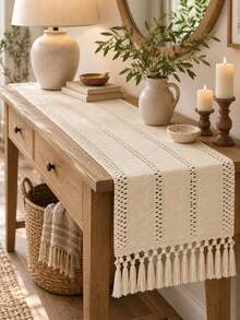 Khăn trải bàn phong cách Bohemian đan rỗng có tua rua, màu kem be macrame, trang trí mộc mạc kiểu nông trang cho bàn ăn - Màu trắng - Xem 7
