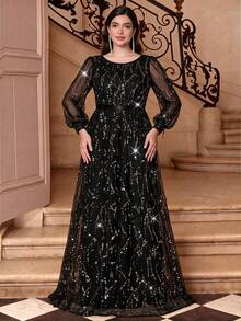 Plus Size Fall Winter Elegant Sequin Embroidered Tulle Maxi Evening Gown, Round Neck Puff Long Sleeve A-Line Dress For Wedding Guest Gala Prom Dates - Black - View 4