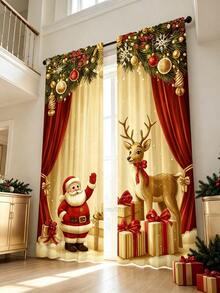 2pcs Santa Claus Holiday Scene Curtains: Adopting A Modern Pole Bag Design, Easy To Install, And Machine Washable. Very Suitable For Living Room, Bedroom, Kitchen, And Office - Multicolor - View 1