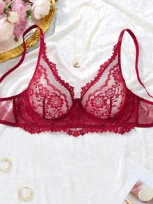 1pc Fashion Burgundy Lace Eyelash Mesh Bra, Breathable Sheer Mesh Elegant Women's Lingerie - Red - View 1