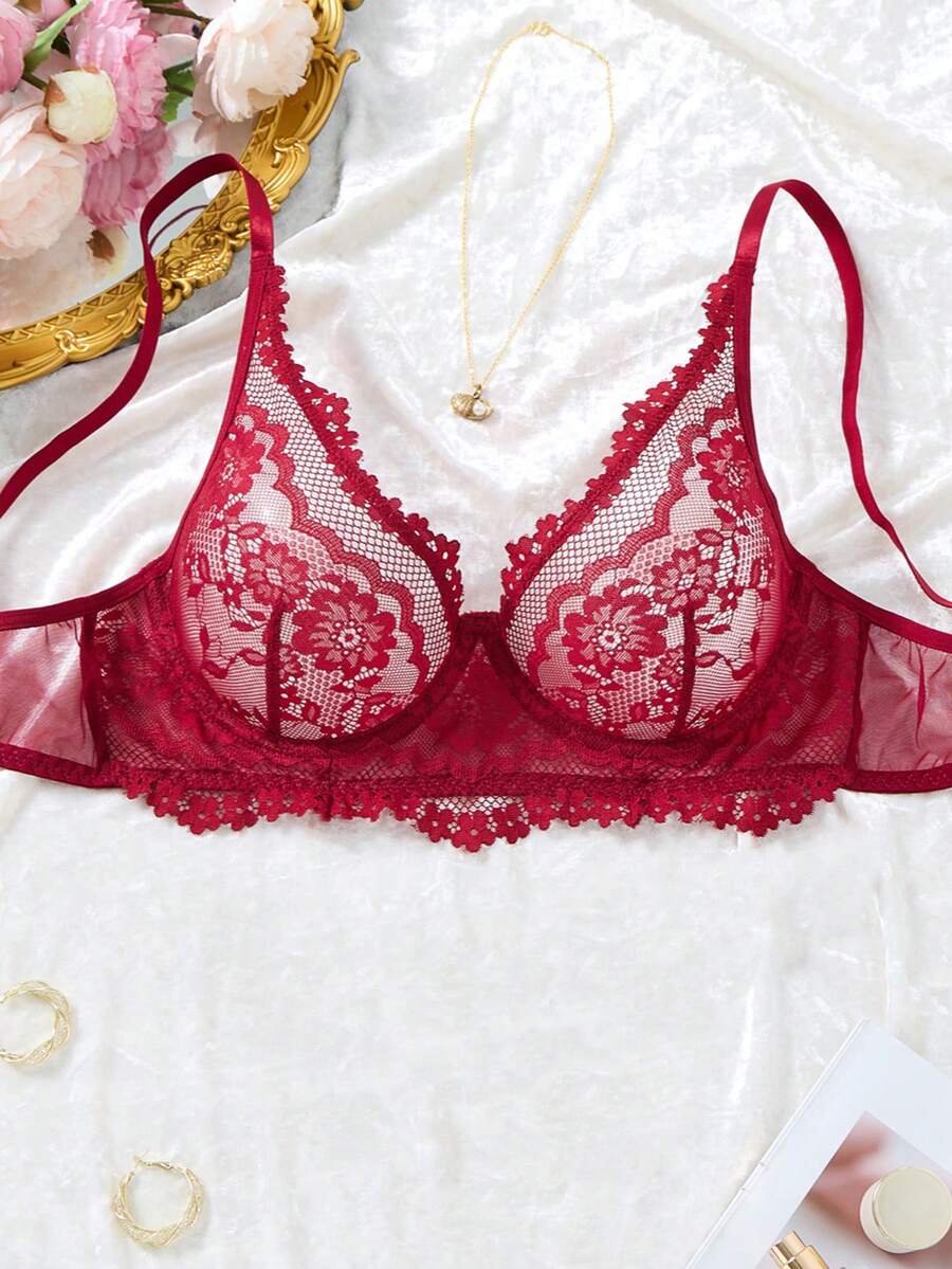 1pc Fashion Burgundy Lace Eyelash Mesh Bra, Breathable Sheer Mesh Elegant Women's Lingerie - Red - View 1