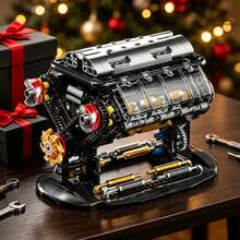 V8 Engine Mechanical Building Block Model With Transparent Cylinder - Desktop Collectible, Decor, Model Display, STEM Gift - Holiday Gift For Car And Engine Enthusiasts - Black - View 5